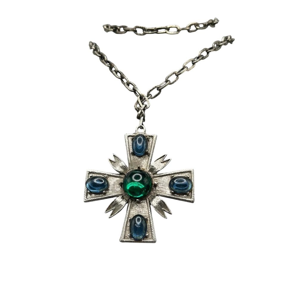 Fabulous Vintage Jeweled Maltese Cross Pendant Necklace